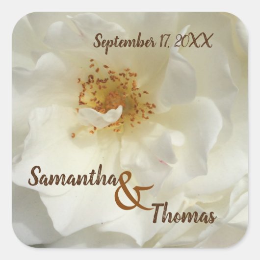 結婚式の引き出物かわいらしホワイトローズフォトフローラ スクエアシール (正面)