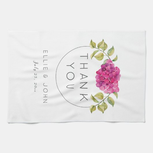 結婚式の引き出物のショッキングピンクのアジサイ キッチンタオル (横)