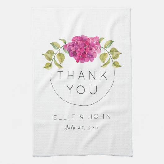 結婚式の引き出物のショッキングピンクのアジサイ キッチンタオル (縦)