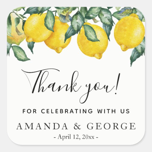 結婚式の引き出物のステッカーのレモンおよび緑の草木 スクエアシール (正面)