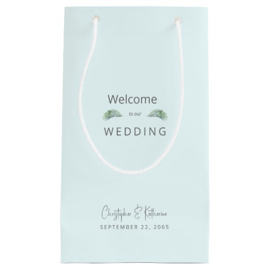 結婚式の引き出物アイスブルートロピカルネーム&日付 スモールペーパーバッグ (正面)