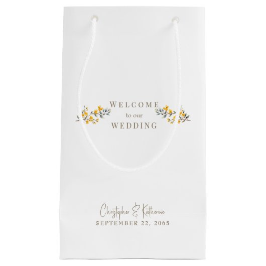 結婚式の引き出物イエローフローラ金ゴールドカスタム文字 スモールペーパーバッグ (正面)