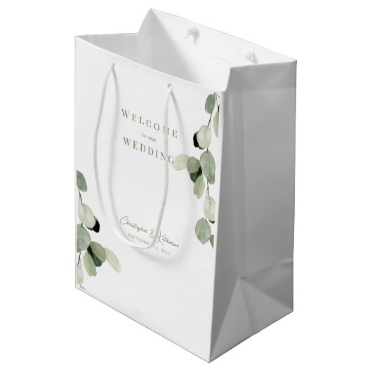 結婚式の引き出物ウェルカムグリーンリー金ゴールド文字 ミディアムペーパーバッグ (正面アングル)
