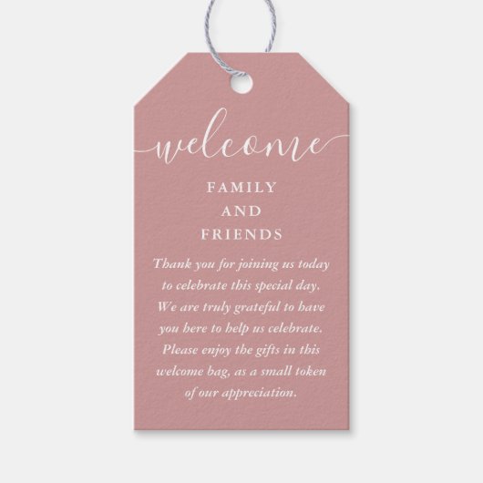 結婚式の引き出物ウェルカムバスケットバッグほこりっぽいバラ ギフトタグ (正面)