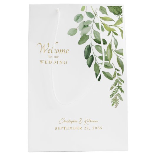 結婚式の引き出物ウェルカムリーフ金ゴールド文字 ミディアムペーパーバッグ (正面)