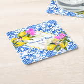 結婚式の引き出物ギフトブルータイルレモンBougainvillea スクエアペーパーコースター (アングル)
