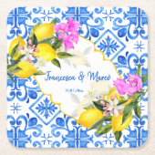 結婚式の引き出物ギフトブルータイルレモンBougainvillea スクエアペーパーコースター (正面)