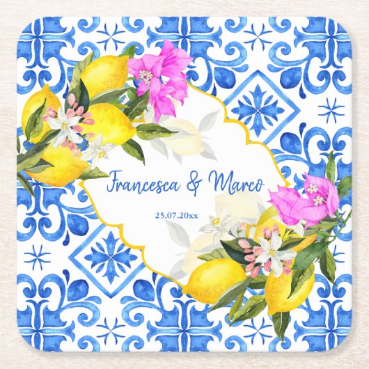 結婚式の引き出物ギフトブルータイルレモンBougainvillea スクエアペーパーコースター (正面)
