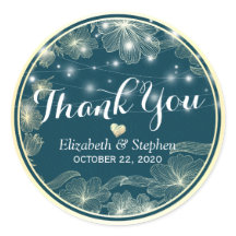 結婚式の引き出物サンキューステッカーブルー金ゴールド花
