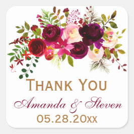 結婚式の引き出物ステッカー – ブルゴーニュ花模様、葉 スクエアシール