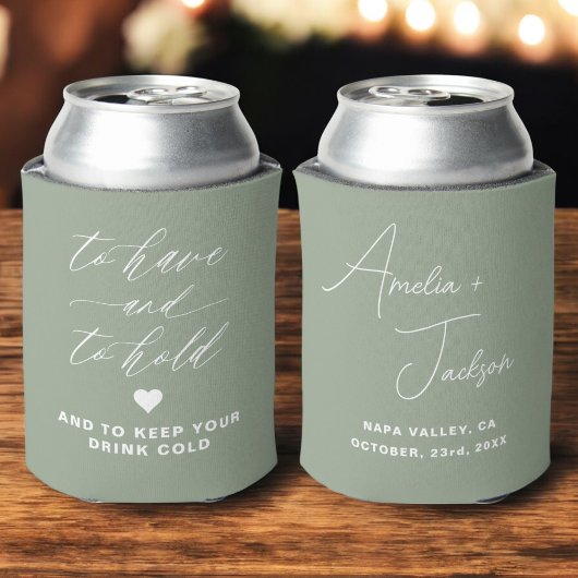結婚式の引き出物セージ緑を持って保持する 缶クーラー