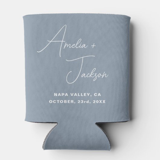 結婚式の引き出物ダスティブルーモダンミニマリスト 缶クーラー (裏面)