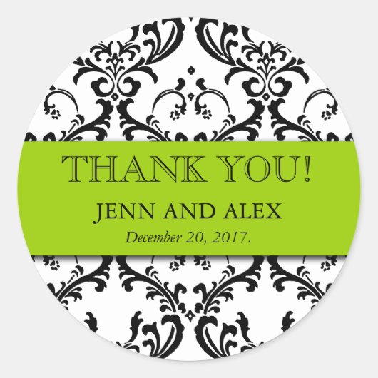 結婚式の引き出物ダマスクサンキュースティッカーグリーン ラウンドシール (正面)