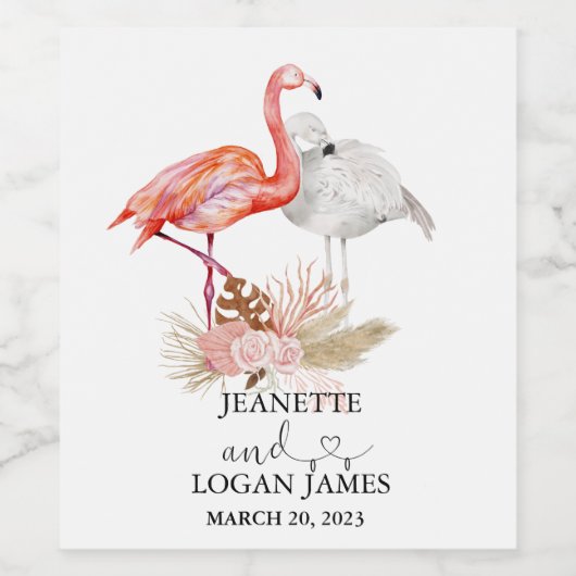 結婚式の引き出物トロピカルフラミンゴボホウォーター色 ワインラベル (シングルラベル)