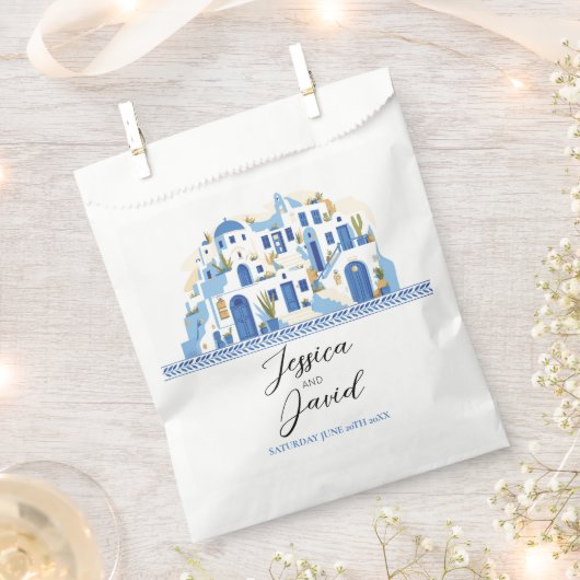 結婚式の引き出物バッグサントリーニグリークブルーホワイト フェイバーバッグ (クリップ留めされた状態)
