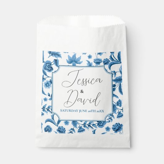 結婚式の引き出物バッグチンツブルー&ホワイトフローラ フェイバーバッグ (正面)