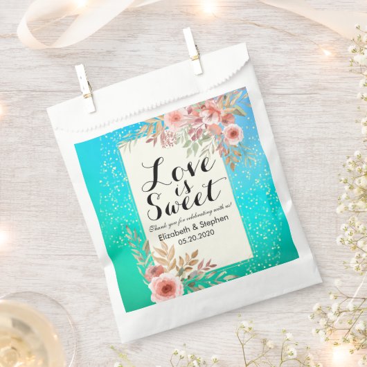 結婚式の引き出物バッグモダンピンクフローラティール(緑がかった色)金ゴールドドット フェイバーバッグ (クリップ留めされた状態)