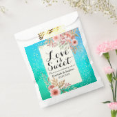 結婚式の引き出物バッグモダンピンクフローラティール(緑がかった色)金ゴールドドット フェイバーバッグ (封をした状態)