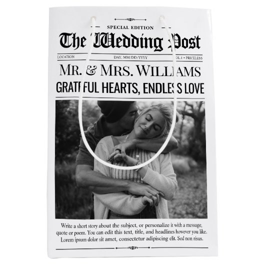 結婚式の引き出物バッグ結婚ズ新聞抱き枕 ミディアムペーパーバッグ (正面)