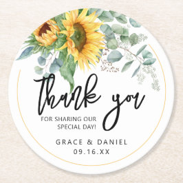 結婚式の引き出物パーソナライズされたひまわり緑 ラウンドペーパーコースター