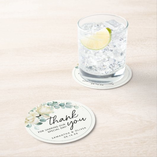 結婚式の引き出物パーソナライズされたマグノリアユーカリプタス ラウンドペーパーコースター (インサイチュ)