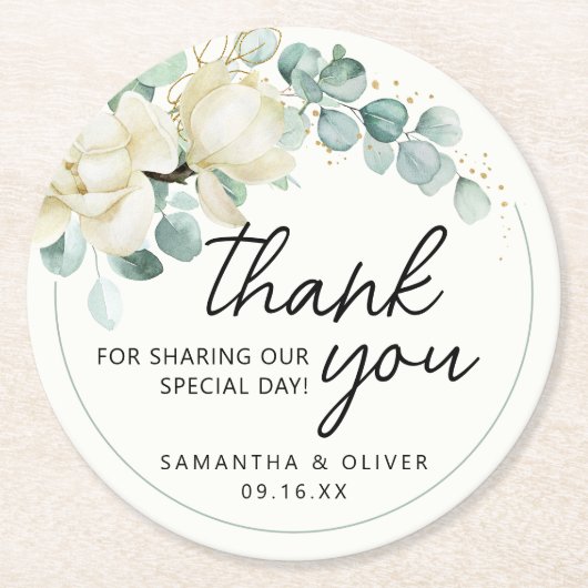 結婚式の引き出物パーソナライズされたマグノリアユーカリプタス ラウンドペーパーコースター (正面)