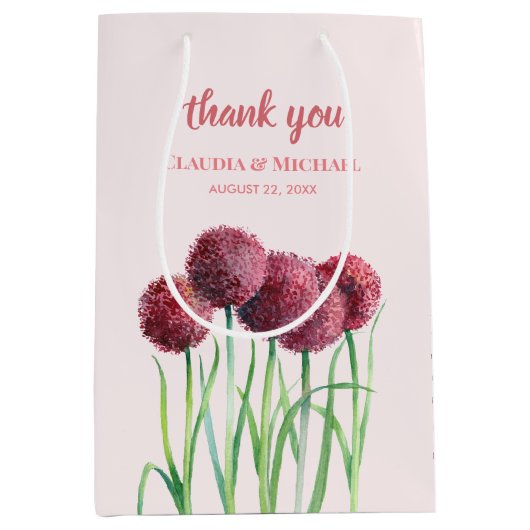 結婚式の引き出物パープルピンクアリウムフローラ水彩色 ミディアムペーパーバッグ (正面)