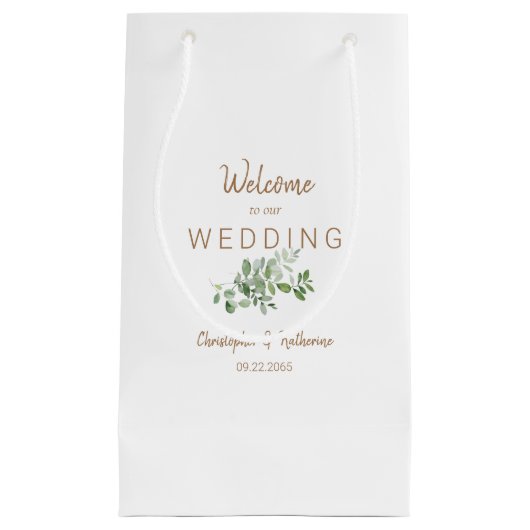 結婚式の引き出物ホワイトカップル名金ゴールド文字 スモールペーパーバッグ (正面)