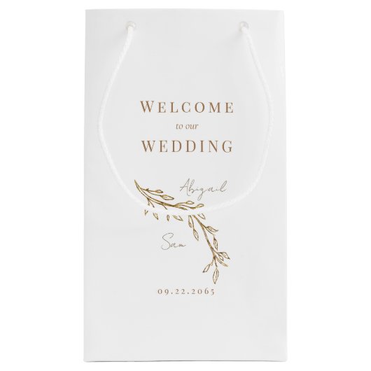 結婚式の引き出物ホワイト金ゴールド文字葉のアウトライン スモールペーパーバッグ (裏面)