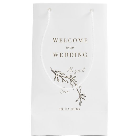 結婚式の引き出物ホワイト金ゴールド文字葉のアウトライン スモールペーパーバッグ (正面)