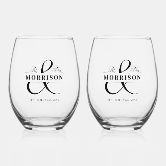 結婚式の引き出物ミセス・白黒 ステムなしワイングラス (正面)