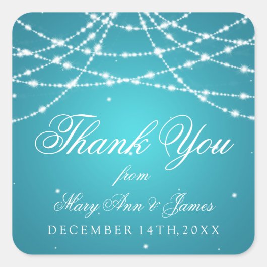 結婚式の引き出物ラベルきらめく列ターコイズ スクエアシール (正面)