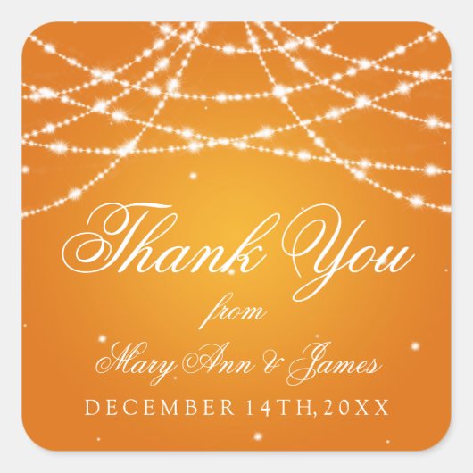 結婚式の引き出物ラベルきらめく文字列オレンジ スクエアシール (正面)