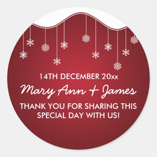 結婚式の引き出物ラベルスノーフレーク装飾レッド ラウンドシール (正面)