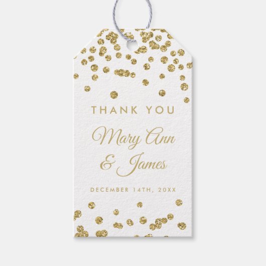 結婚式の引き出物ラベル金ゴールドフェイクグリッター紙吹雪白 ギフトタグ (正面)