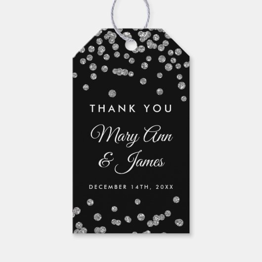 結婚式の引き出物ラベル銀グリッター紙吹雪ブラック ギフトタグ (正面)