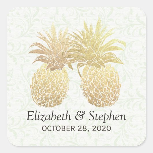 結婚式の引き出物ヴィンテージ金箔パイナップルカップル スクエアシール (正面)