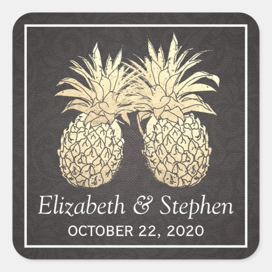 結婚式の引き出物ヴィンテージ金箔パイナップルカップル スクエアシール (正面)