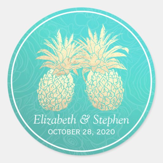 結婚式の引き出物ヴィンテージ金箔パイナップルカップル ラウンドシール (正面)