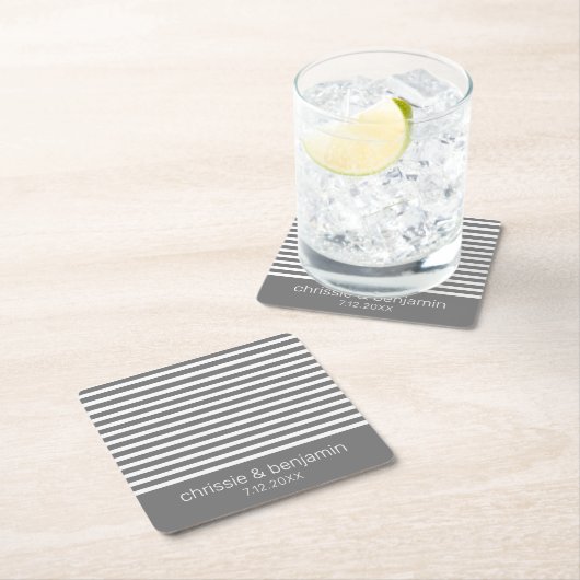 結婚式の引き出物新郎新婦デートストライプズグレーホワイト スクエアペーパーコースター (インサイチュ)