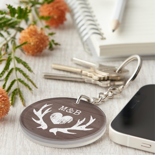 結婚式の引き出物素朴鹿の角の茶色の木のプリント キーホルダー (正面右)