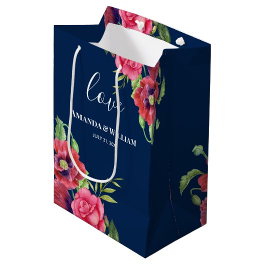 結婚式の引き出物赤とピンクの花ダークネイビー ミディアムペーパーバッグ (正面アングル)