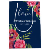 結婚式の引き出物赤とピンクの花ダークネイビー ミディアムペーパーバッグ (正面)