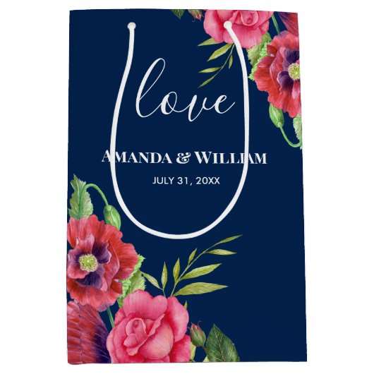 結婚式の引き出物赤とピンクの花ダークネイビー ミディアムペーパーバッグ (正面)