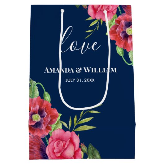 結婚式の引き出物赤とピンクの花ダークネイビー ミディアムペーパーバッグ (裏面)