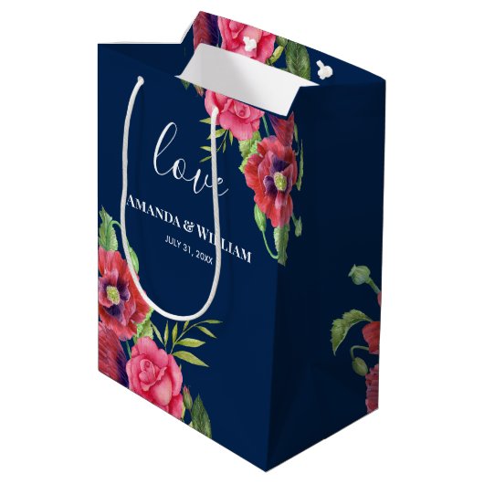 結婚式の引き出物赤とピンクの花ダークネイビー ミディアムペーパーバッグ (裏面アングル)