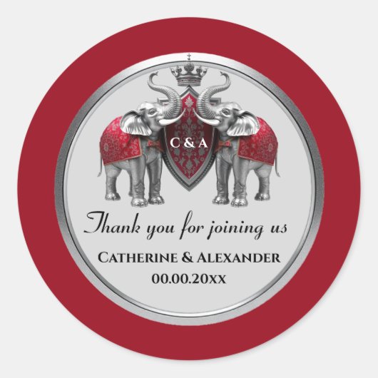 結婚式の引き出物銀象王室の冠ヒンディー ラウンドシール (正面)