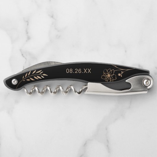 結婚式の引き出物 – ブラック&金ゴールドミニマリストコルクスクリュー ソムリエナイフ (裏面)