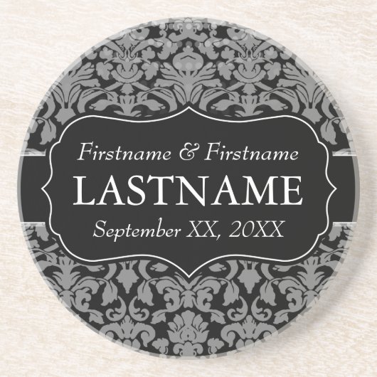 結婚式の引き出物-ヴィンテージブラックダマスクパターン コースター (正面)