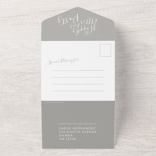 結婚式の後ずっと幸せに白い灰色の写真 オールインワン招待状 (外側)